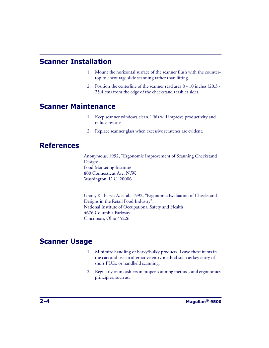 Datalogic Scanning 9504, 9500 manual Scanner Installation, Scanner Maintenance, References, Scanner Usage 