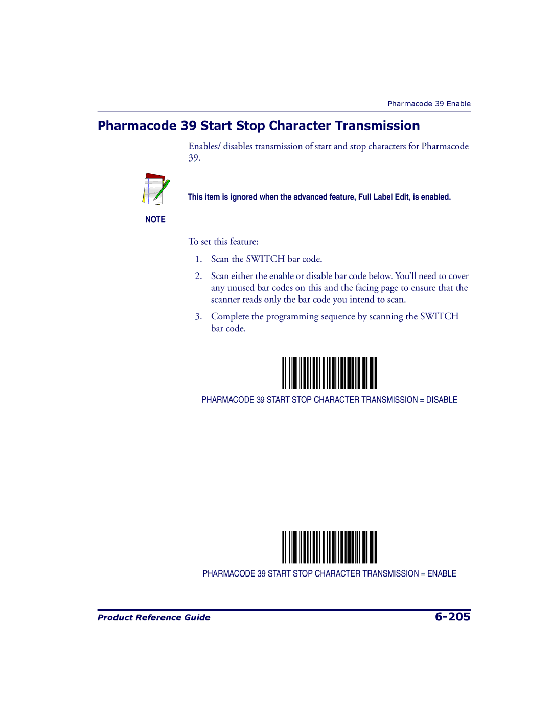 Datalogic Scanning 9500, 9504 manual Pharmacode 39 Start Stop Character Transmission 