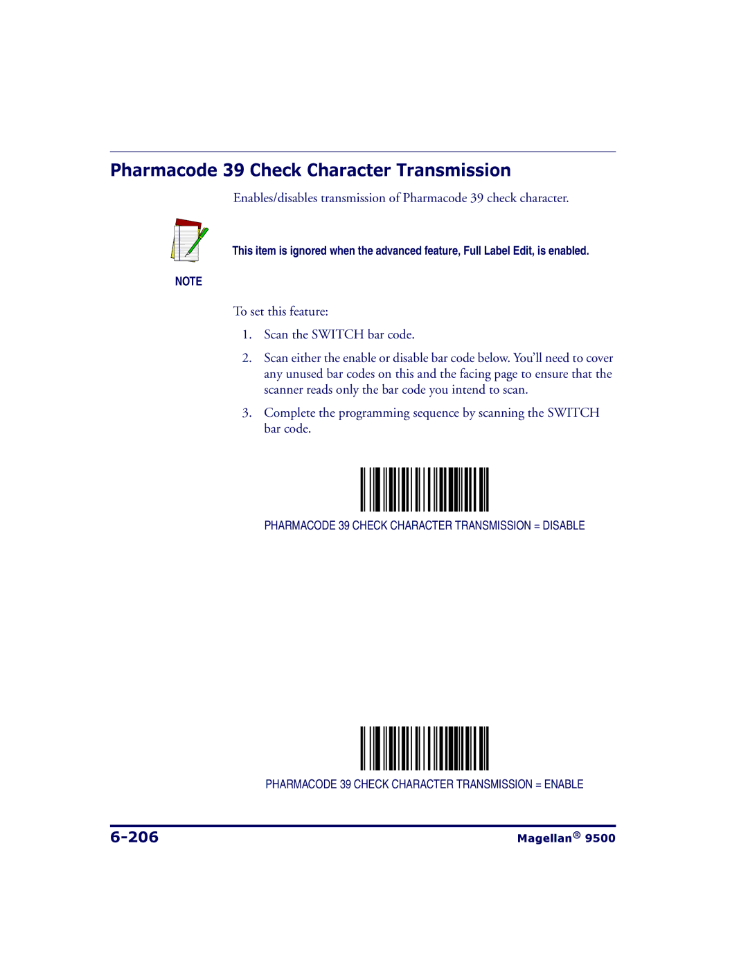 Datalogic Scanning 9504, 9500 manual Pharmacode 39 Check Character Transmission, 206 