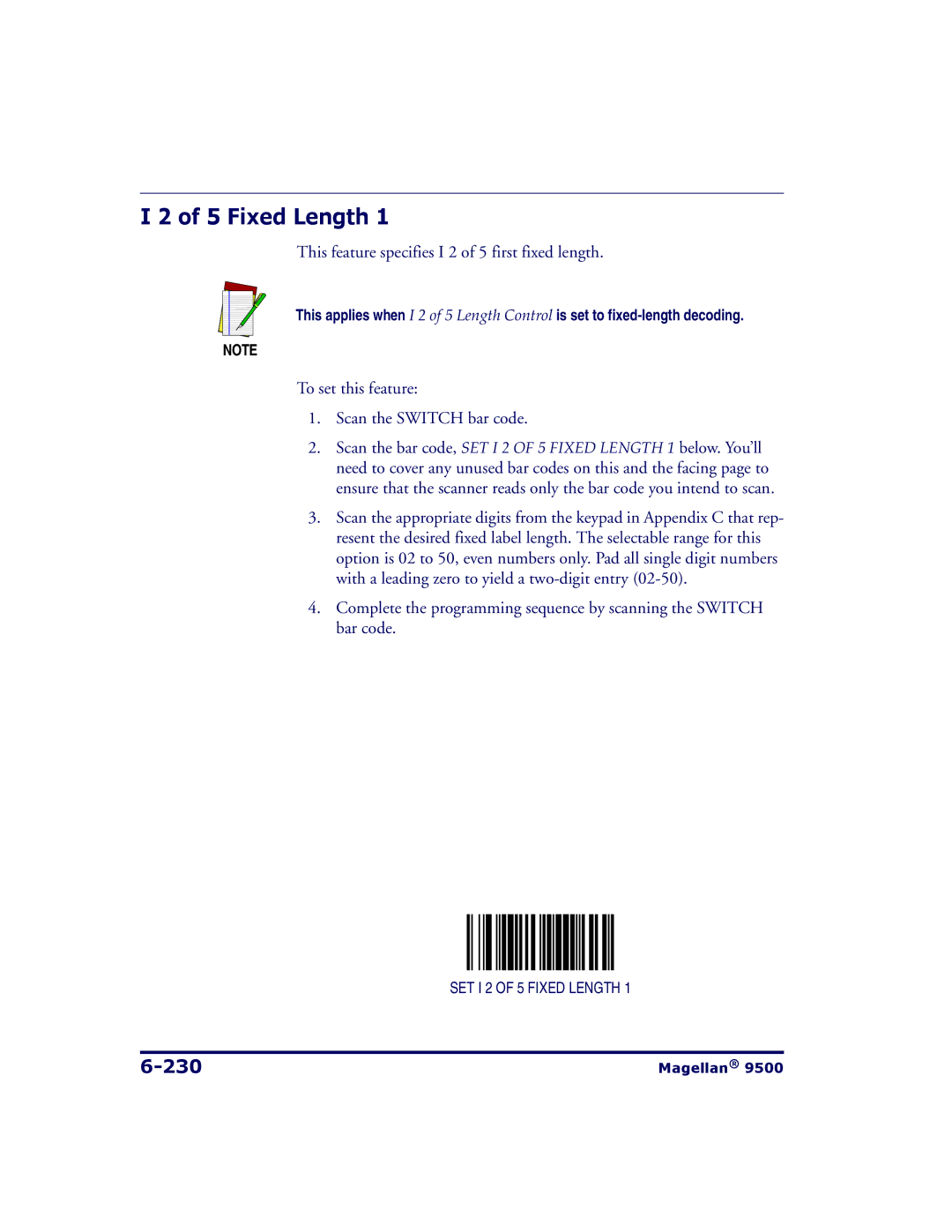 Datalogic Scanning 9504, 9500 manual Fixed Length, 230, This feature specifies I 2 of 5 first fixed length 