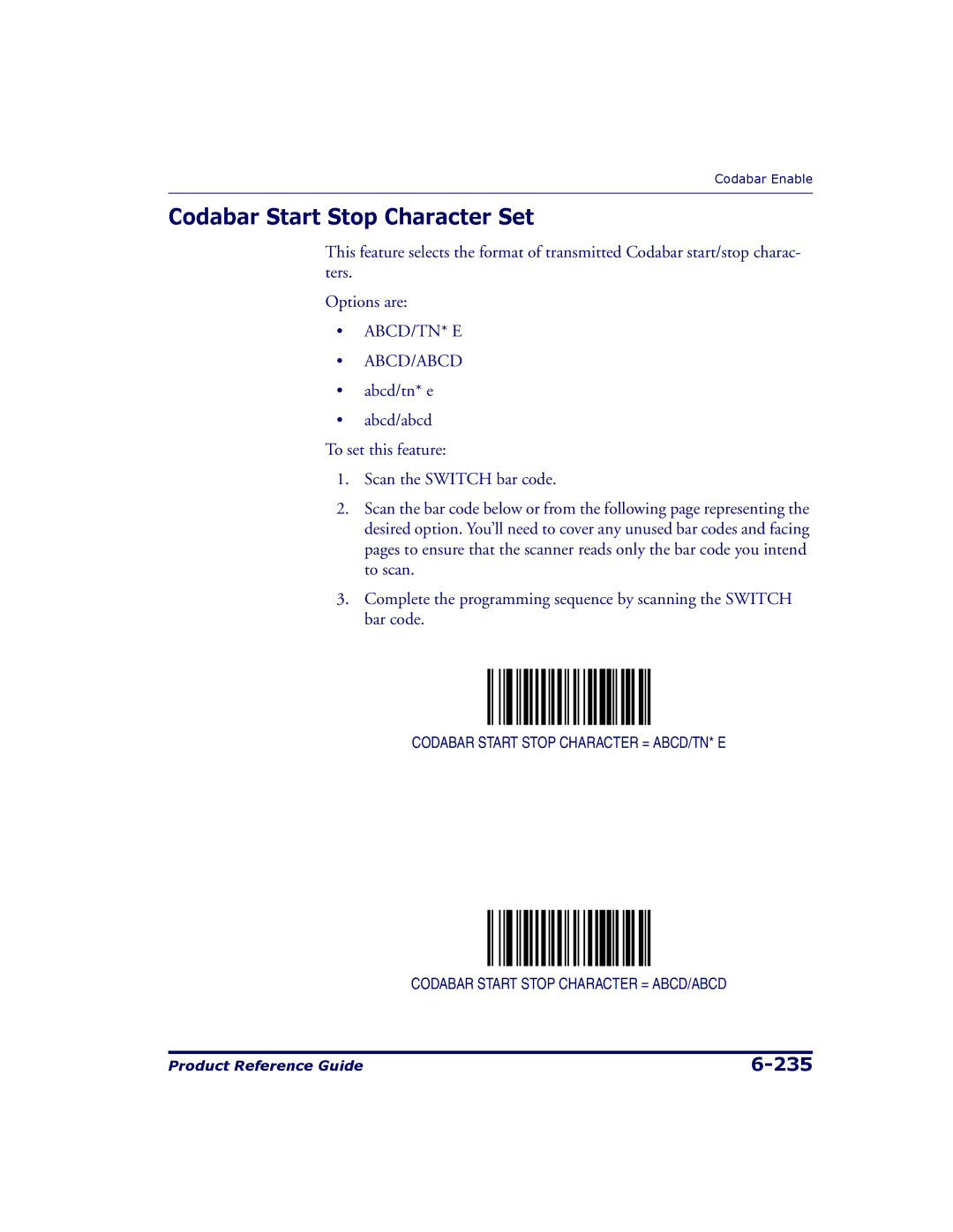 Datalogic Scanning 9500, 9504 manual Codabar Start Stop Character Set, Abcd/Tn* E Abcd/Abcd 