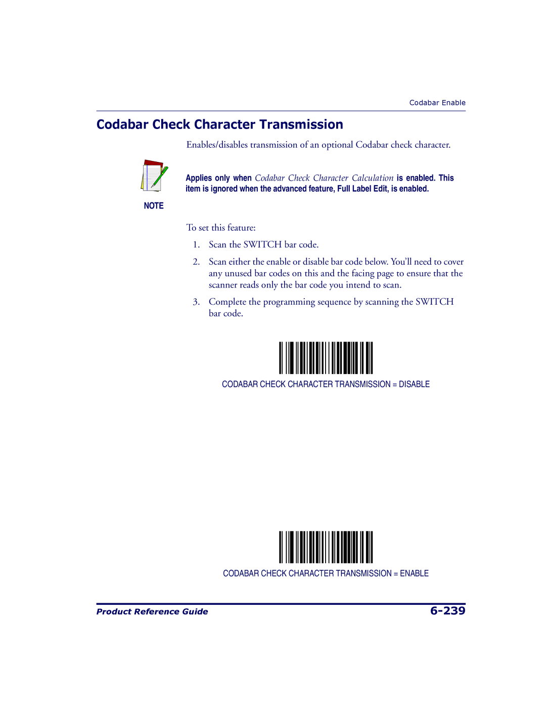 Datalogic Scanning 9500, 9504 manual Codabar Check Character Transmission 