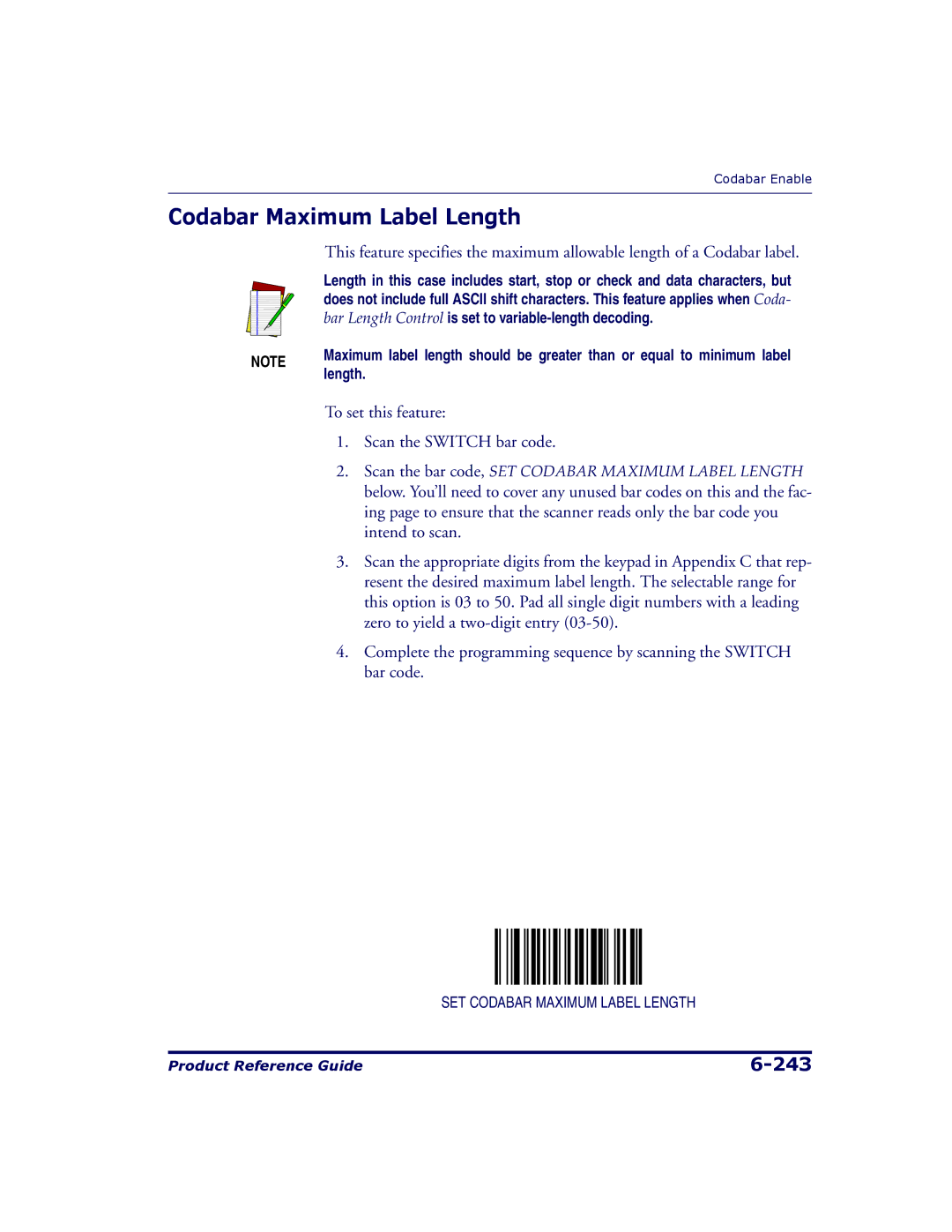 Datalogic Scanning 9500, 9504 manual Codabar Maximum Label Length, To set this feature Scan the Switch bar code 