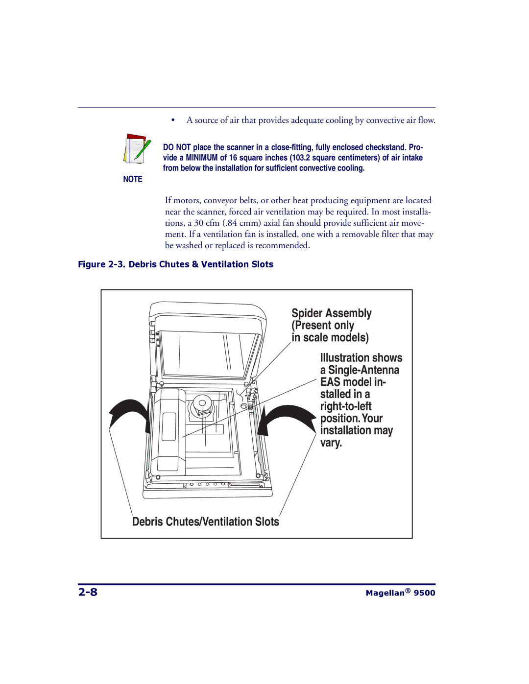 Datalogic Scanning 9504, 9500 manual Debris Chutes/Ventilation Slots 