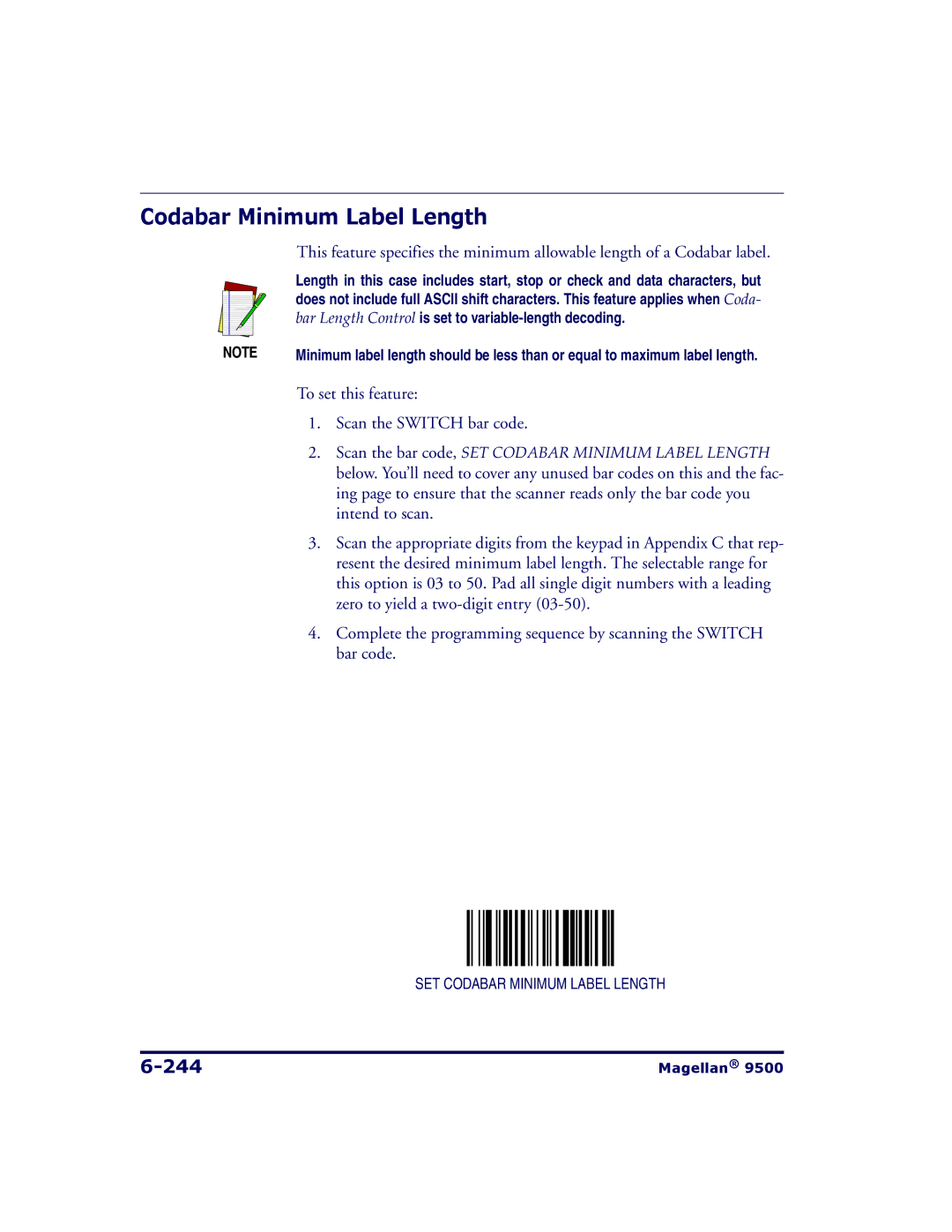 Datalogic Scanning 9504, 9500 manual Codabar Minimum Label Length, 244 