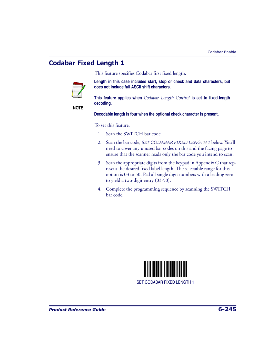 Datalogic Scanning 9500, 9504 manual Codabar Fixed Length, This feature specifies Codabar first fixed length 