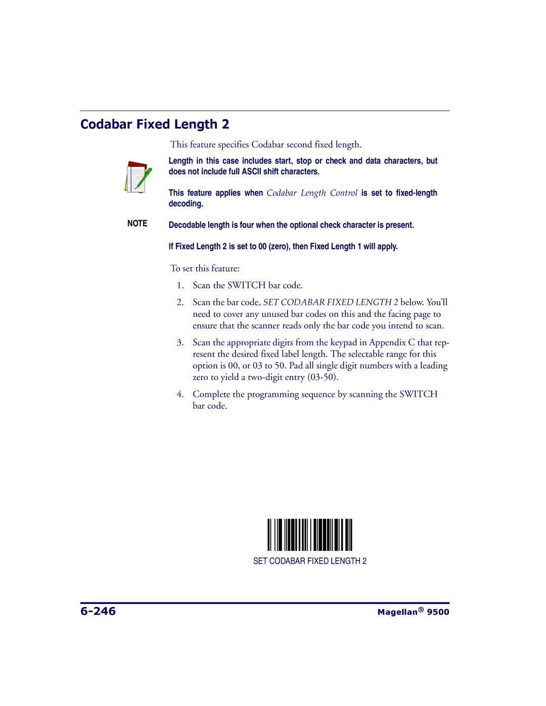 Datalogic Scanning 9504, 9500 manual 246, This feature specifies Codabar second fixed length 