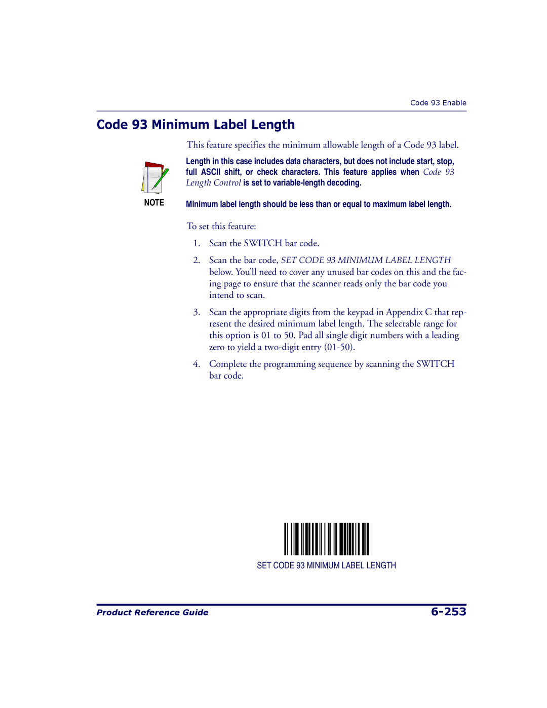 Datalogic Scanning 9500, 9504 manual Code 93 Minimum Label Length 