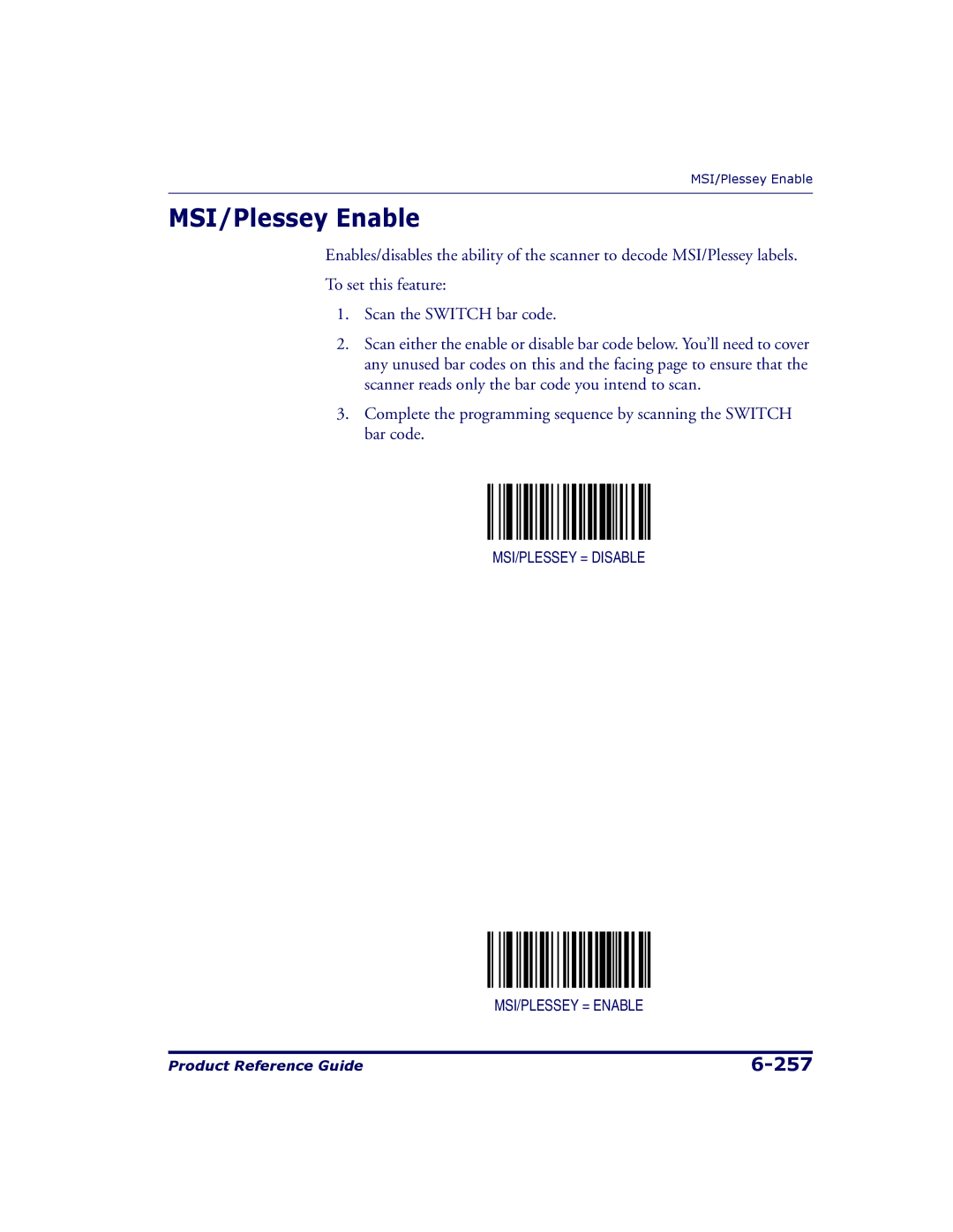 Datalogic Scanning 9500, 9504 manual MSI/Plessey Enable 