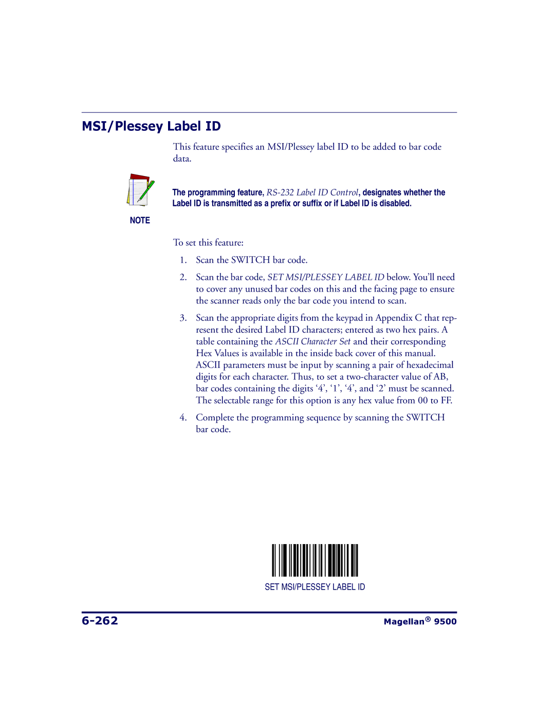 Datalogic Scanning 9504, 9500 manual MSI/Plessey Label ID, 262 