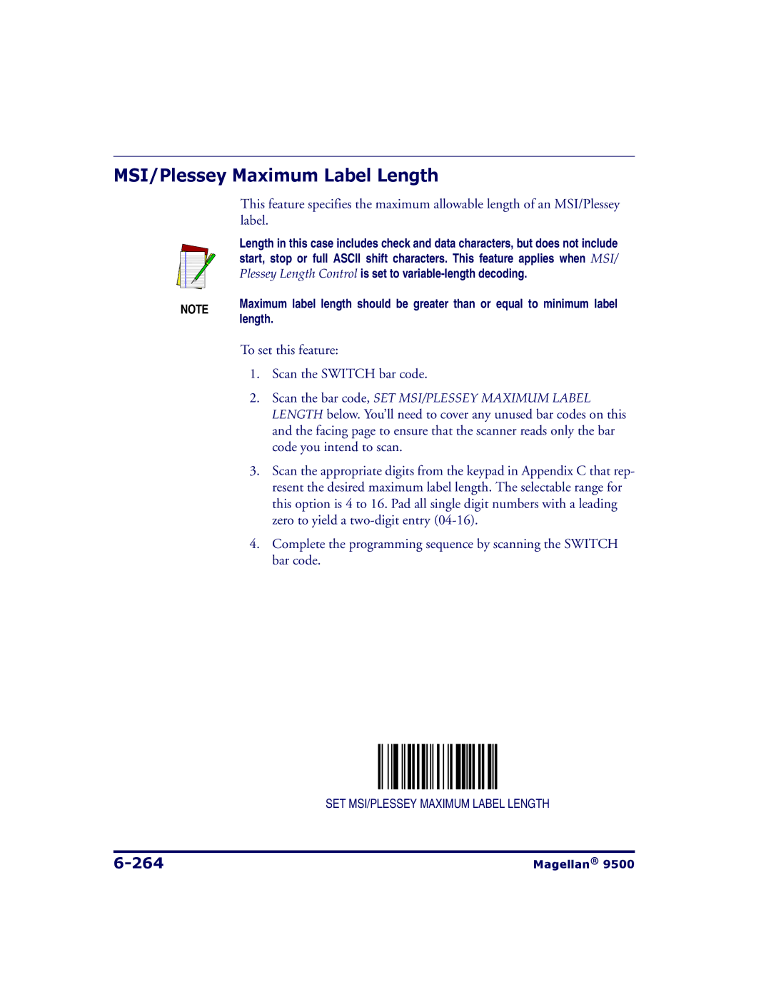 Datalogic Scanning 9504, 9500 manual MSI/Plessey Maximum Label Length, 264 