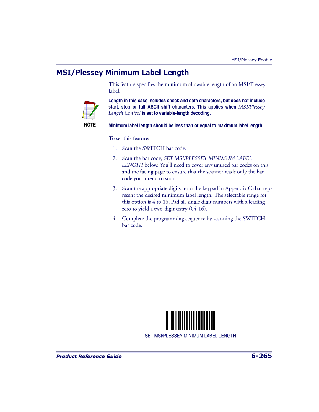 Datalogic Scanning 9500, 9504 manual MSI/Plessey Minimum Label Length 