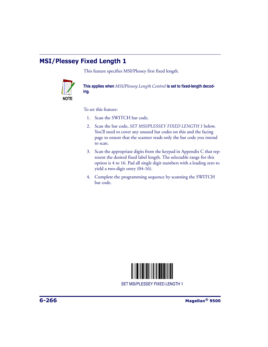 Datalogic Scanning 9504, 9500 manual MSI/Plessey Fixed Length, 266, This feature specifies MSI/Plessey first fixed length 