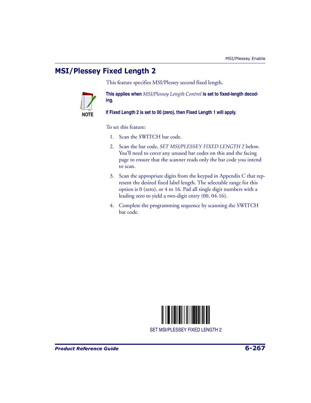 Datalogic Scanning 9500, 9504 manual This feature specifies MSI/Plessey second fixed length 