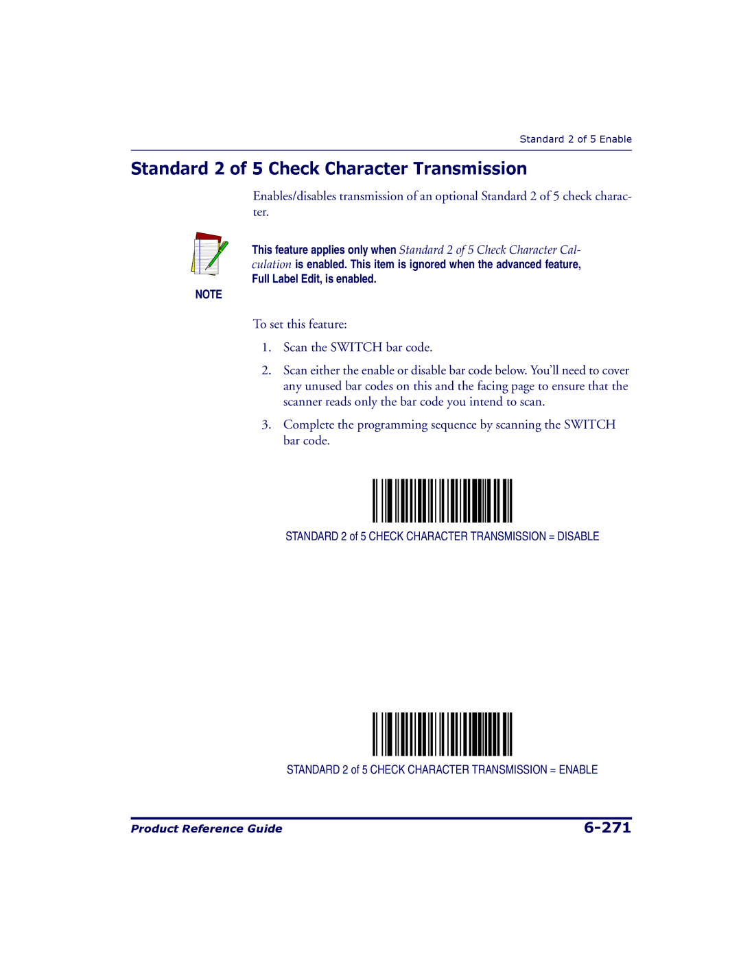 Datalogic Scanning 9500, 9504 manual Standard 2 of 5 Check Character Transmission 