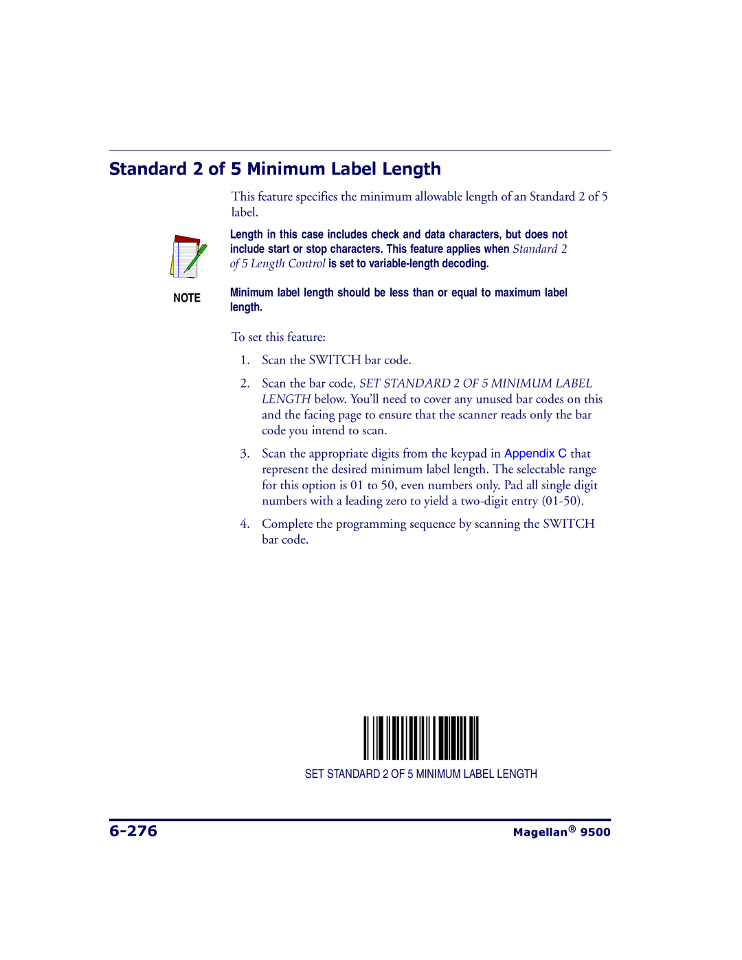 Datalogic Scanning 9504, 9500 manual Standard 2 of 5 Minimum Label Length, 276 