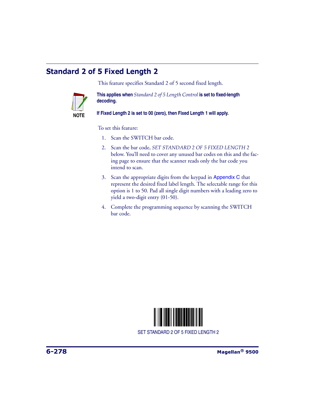 Datalogic Scanning 9504, 9500 manual 278, This feature specifies Standard 2 of 5 second fixed length 