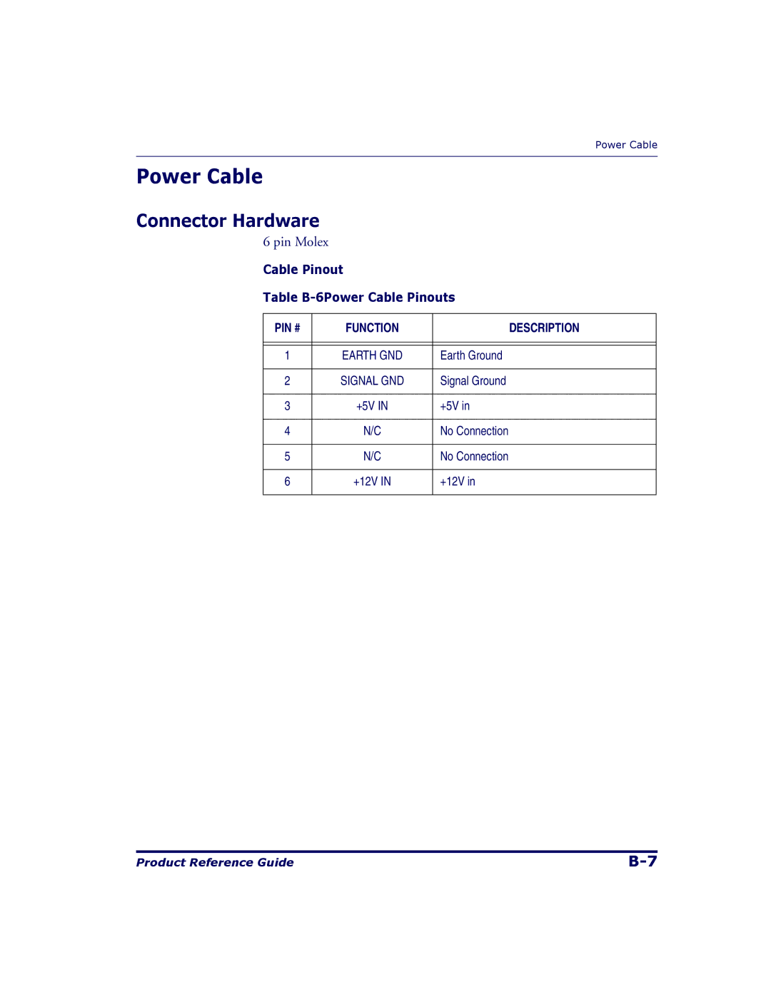 Datalogic Scanning 9500, 9504 manual Power Cable, Connector Hardware, Pin Molex 