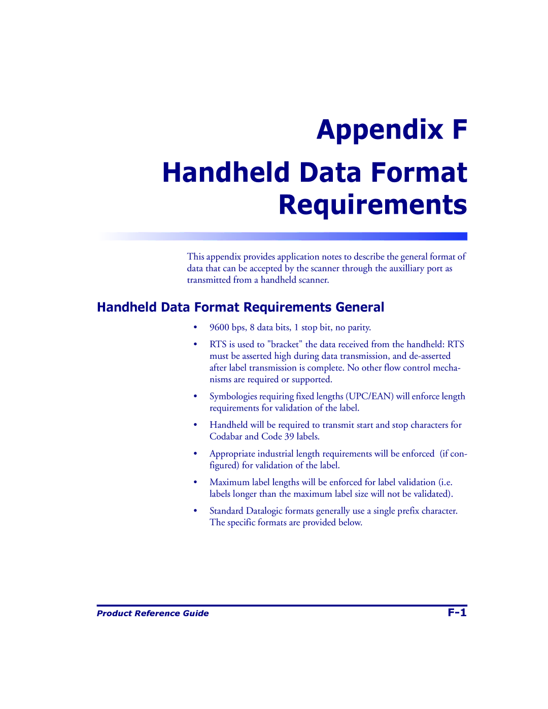 Datalogic Scanning 9500, 9504 manual Appendix F Handheld Data Format Requirements, Handheld Data Format Requirements General 