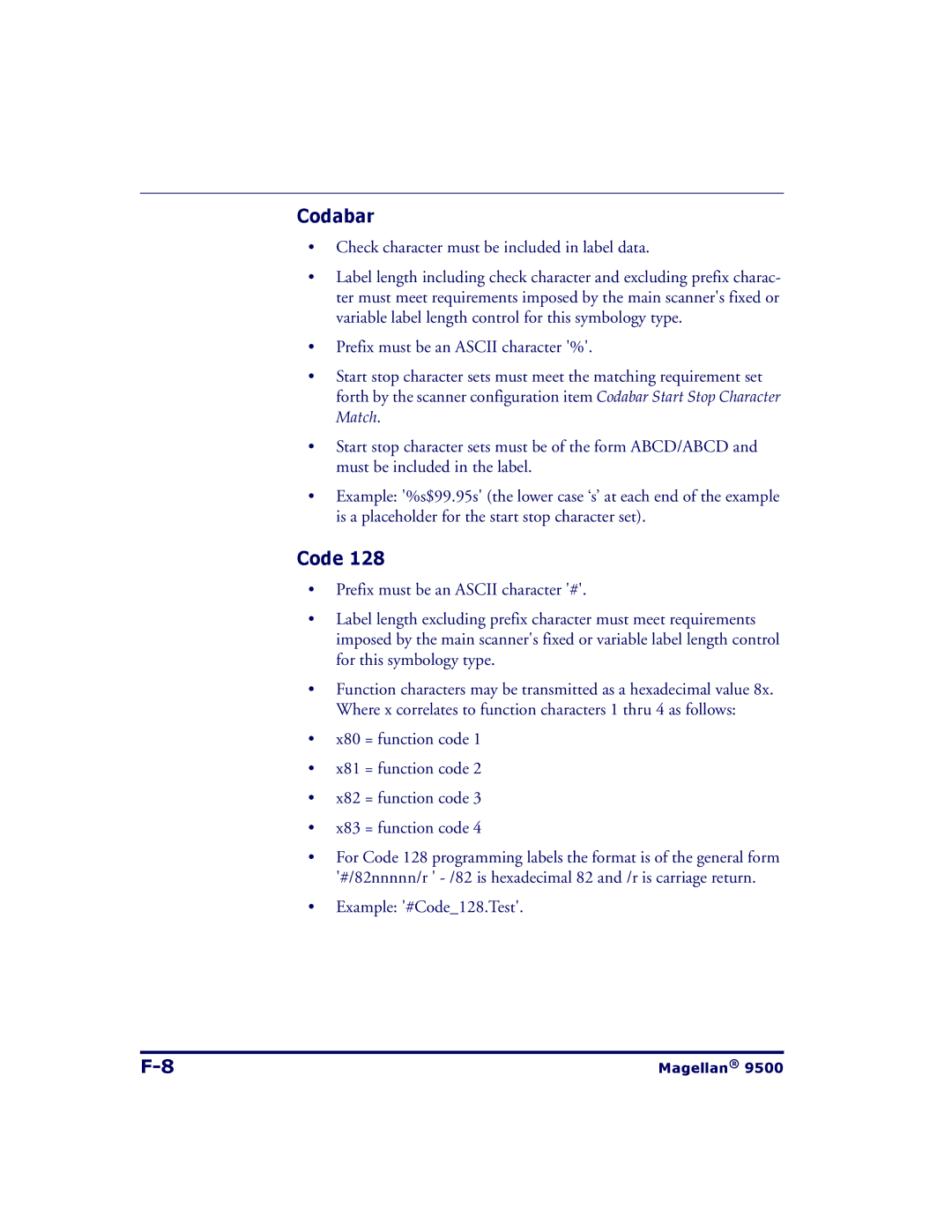Datalogic Scanning 9504, 9500 Codabar, Check character must be included in label data, Prefix must be an Ascii character % 