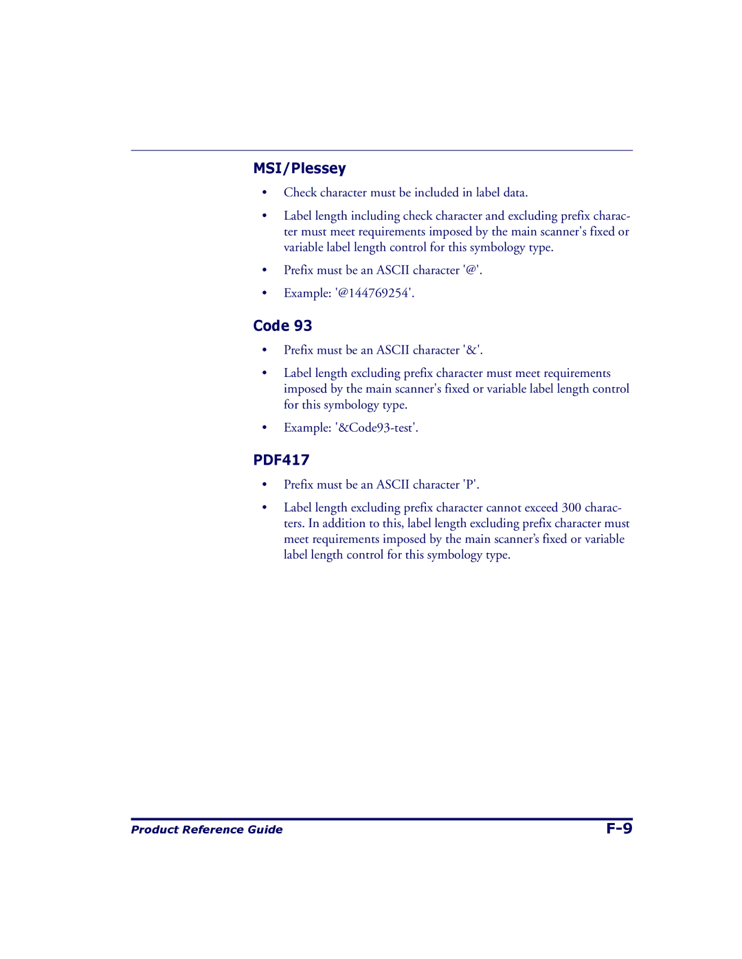 Datalogic Scanning 9500, 9504 manual MSI/Plessey, Prefix must be an Ascii character @ Example @144769254 