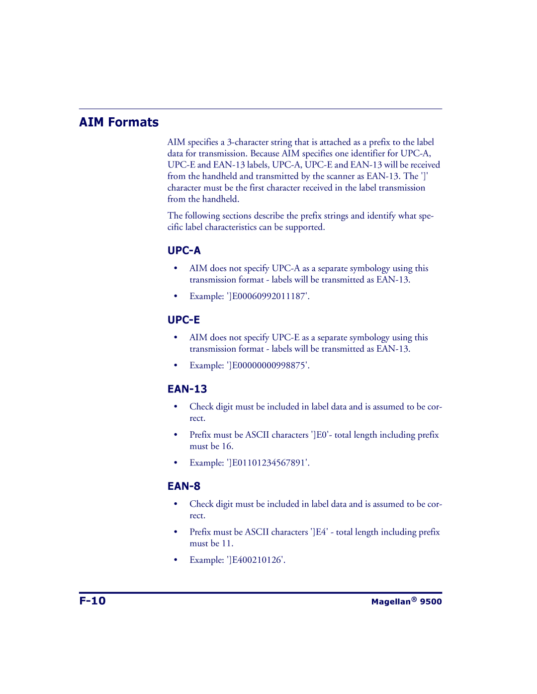 Datalogic Scanning 9504, 9500 manual AIM Formats, Example E00060992011187, Example E00000000998875 