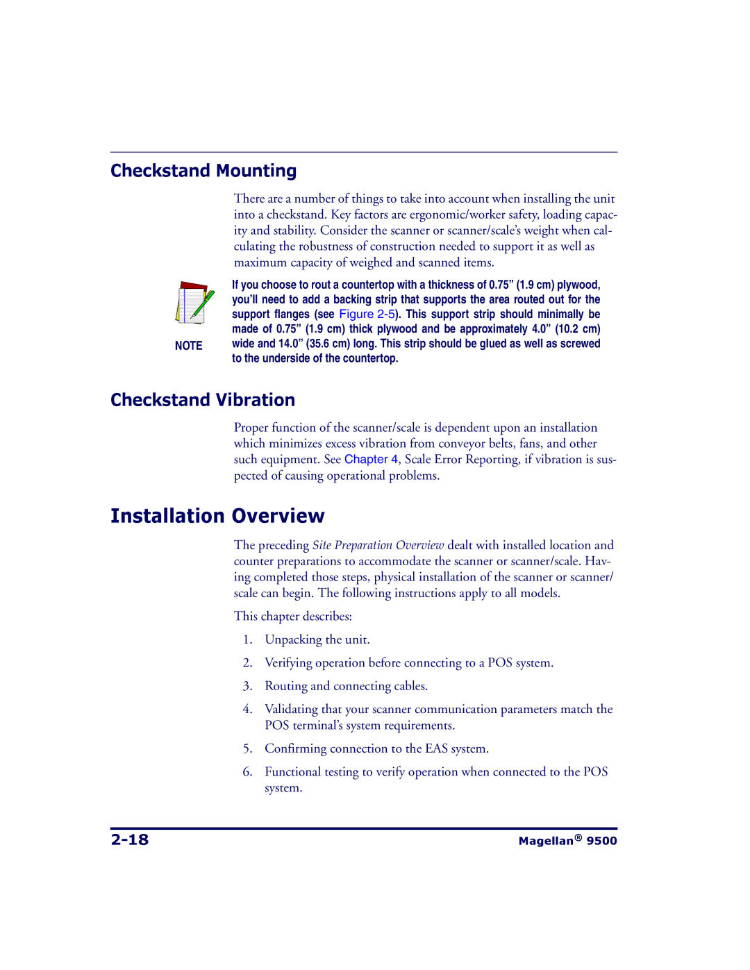 Datalogic Scanning 9504, 9500 manual Installation Overview, Checkstand Mounting, Checkstand Vibration 