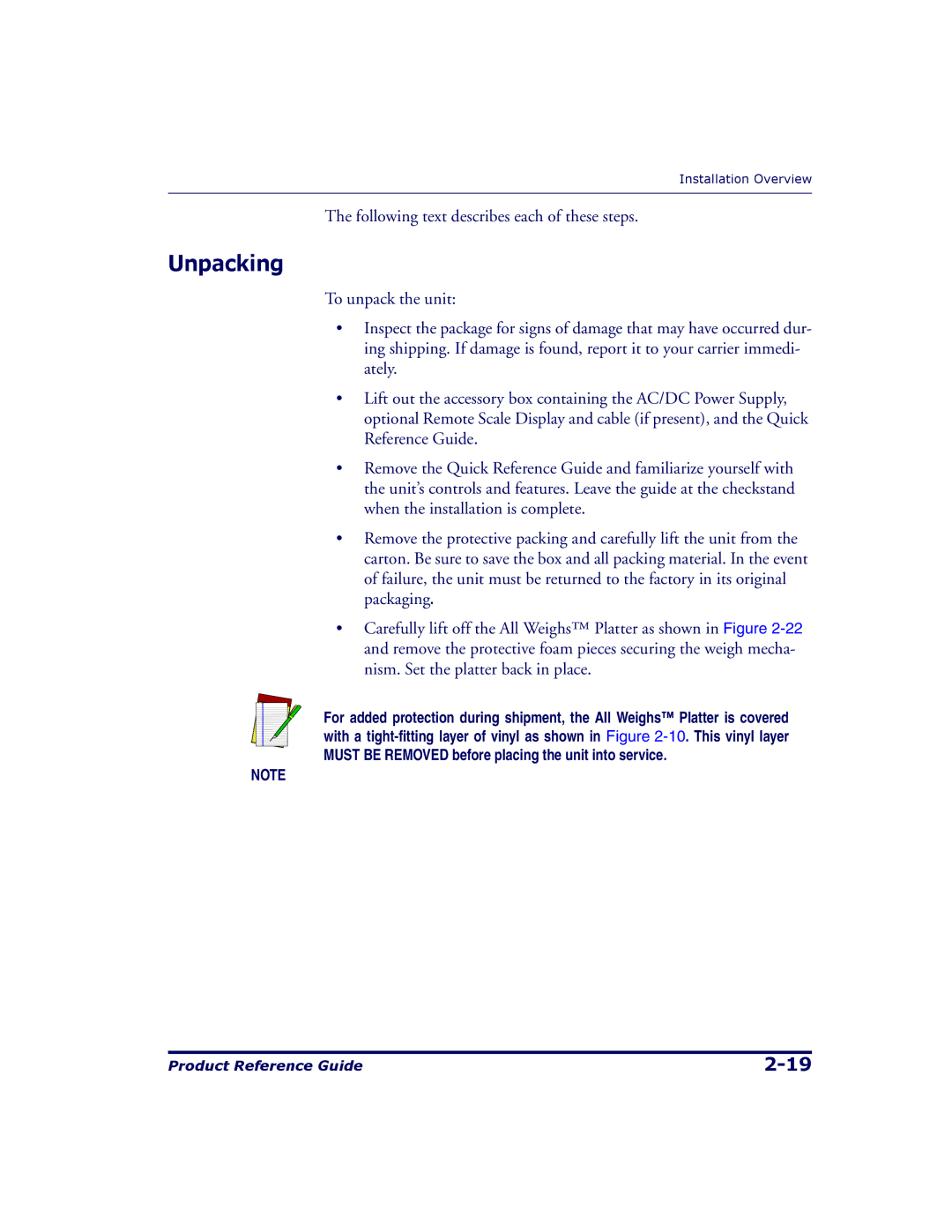 Datalogic Scanning 9500, 9504 manual Unpacking, Following text describes each of these steps 