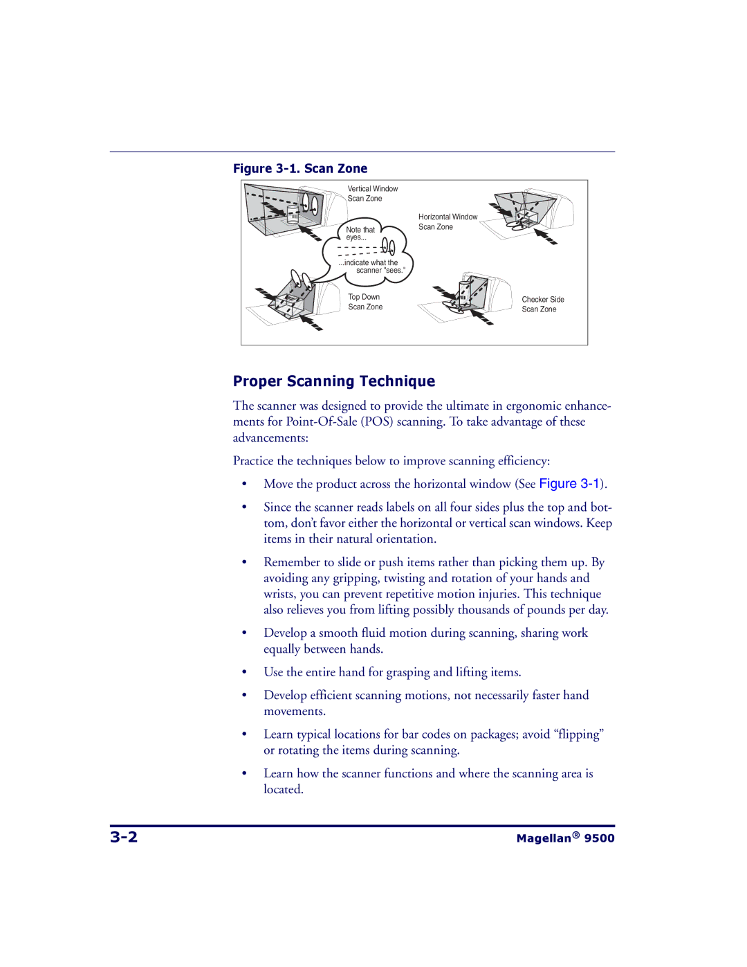 Datalogic Scanning 9504, 9500 manual Proper Scanning Technique, Scan Zone 