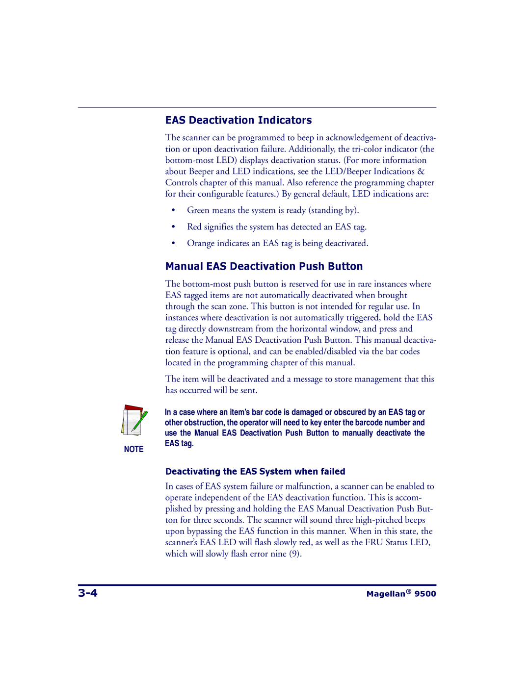 Datalogic Scanning 9504, 9500 manual EAS Deactivation Indicators, Manual EAS Deactivation Push Button 