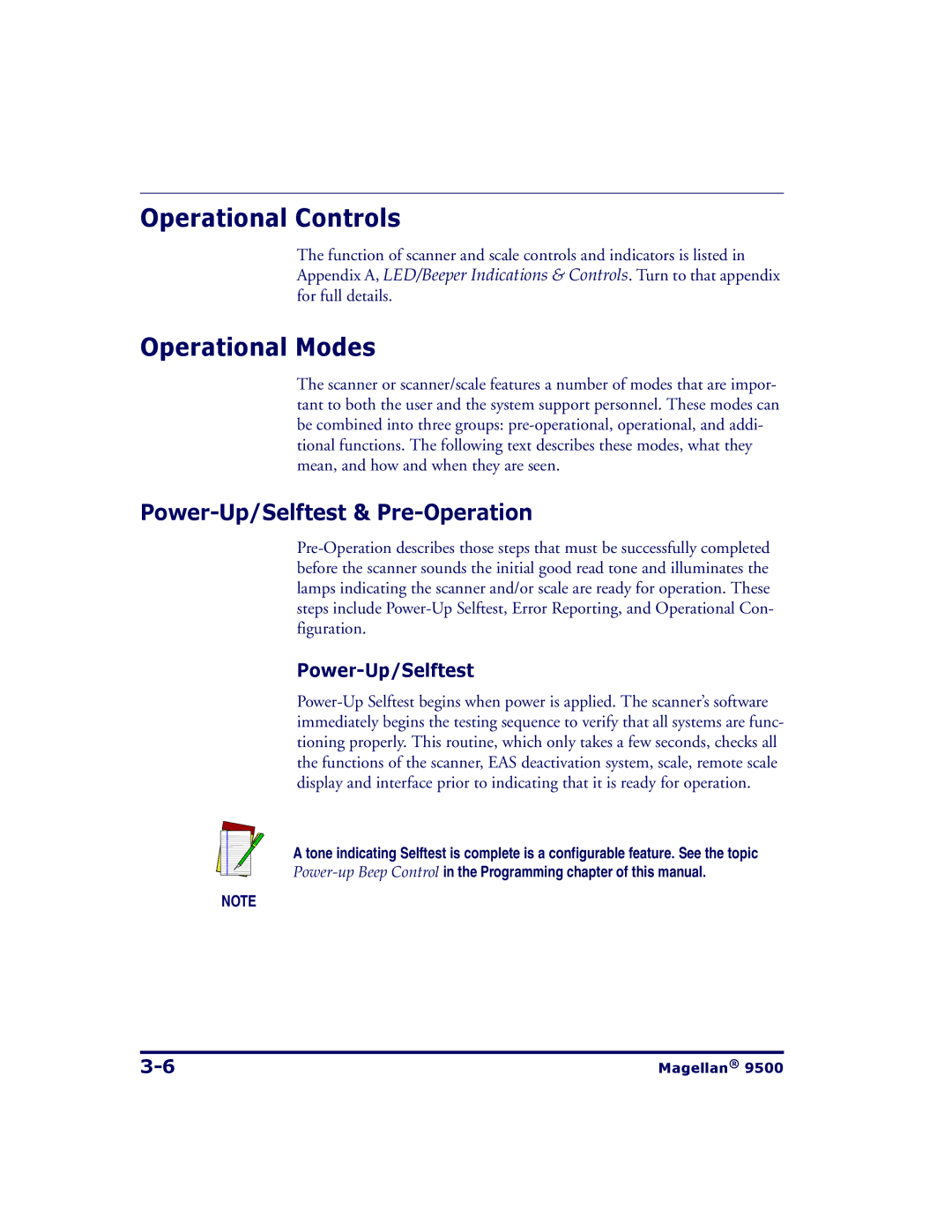 Datalogic Scanning 9504, 9500 manual Operational Controls, Operational Modes, Power-Up/Selftest & Pre-Operation 