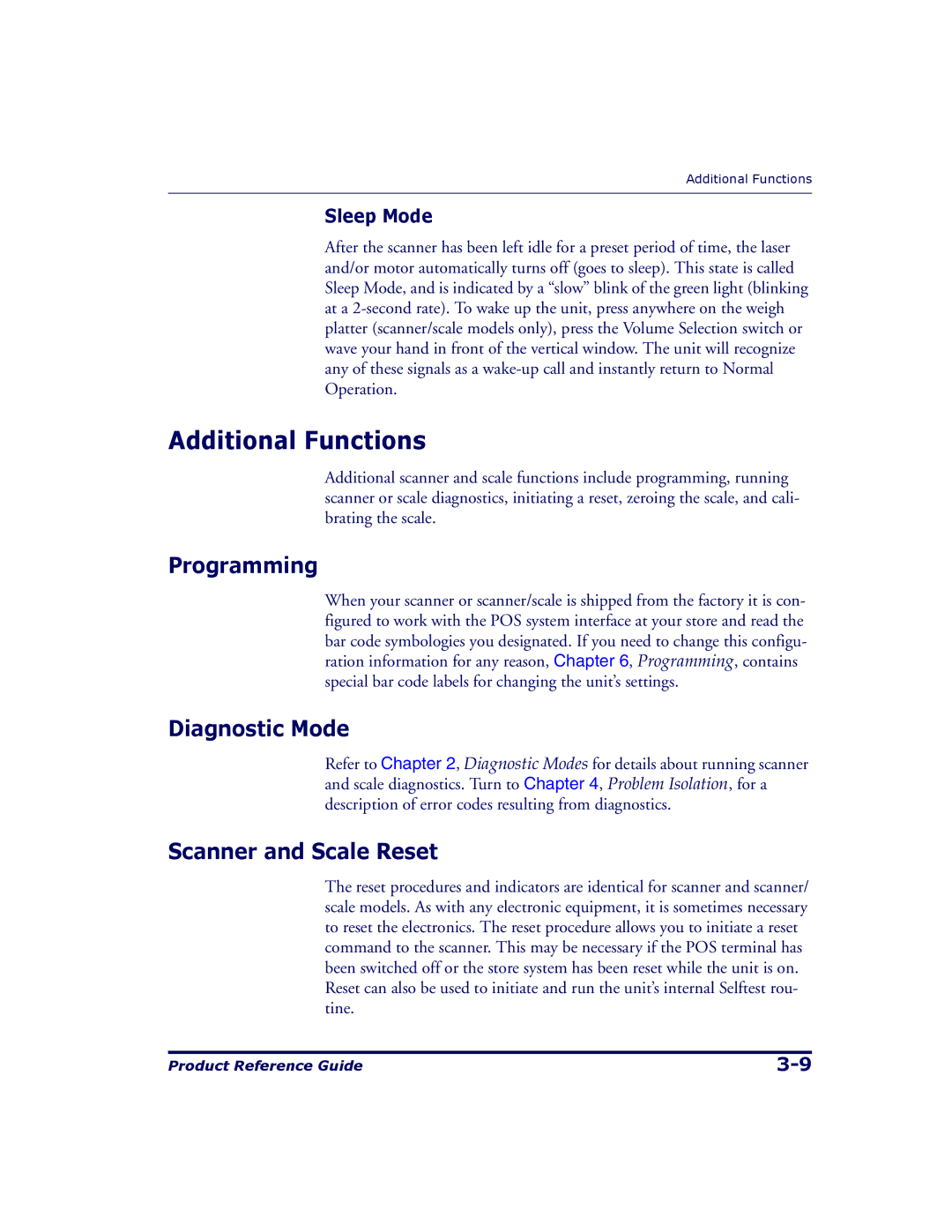 Datalogic Scanning 9500, 9504 manual Additional Functions, Programming, Diagnostic Mode, Scanner and Scale Reset, Sleep Mode 