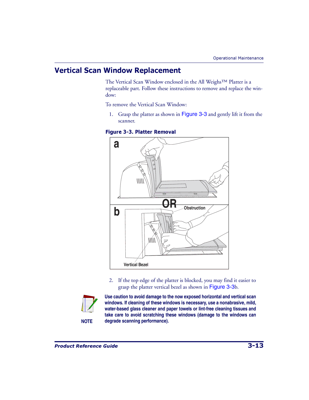 Datalogic Scanning 9500, 9504 manual Vertical Scan Window Replacement, Platter Removal 