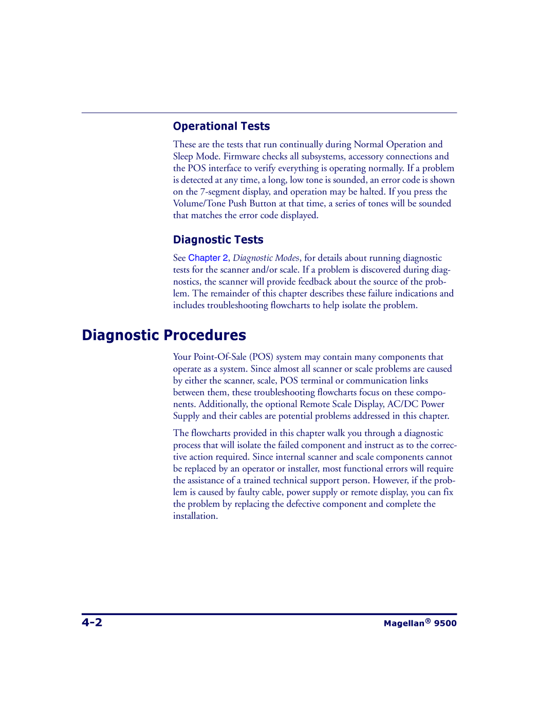 Datalogic Scanning 9504, 9500 manual Diagnostic Procedures, Operational Tests, Diagnostic Tests 