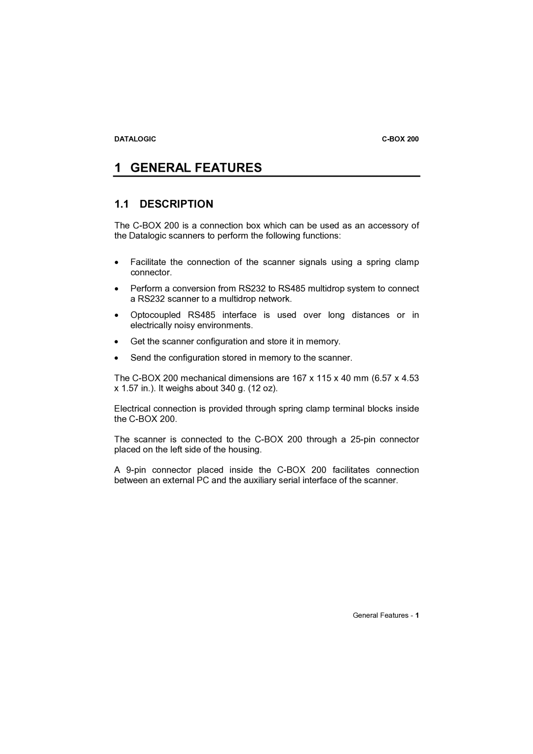 Datalogic Scanning C-BOX 200 installation manual General Features, Description 