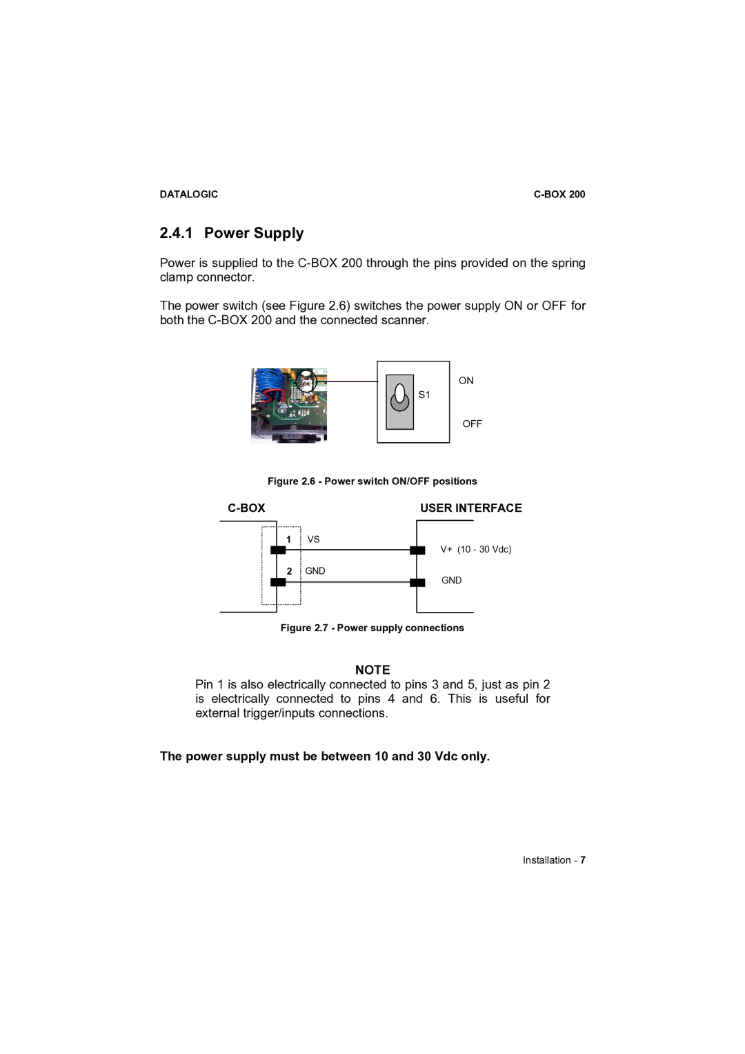 Datalogic Scanning C-BOX 200 installation manual Power Supply, Power switch ON/OFF positions 