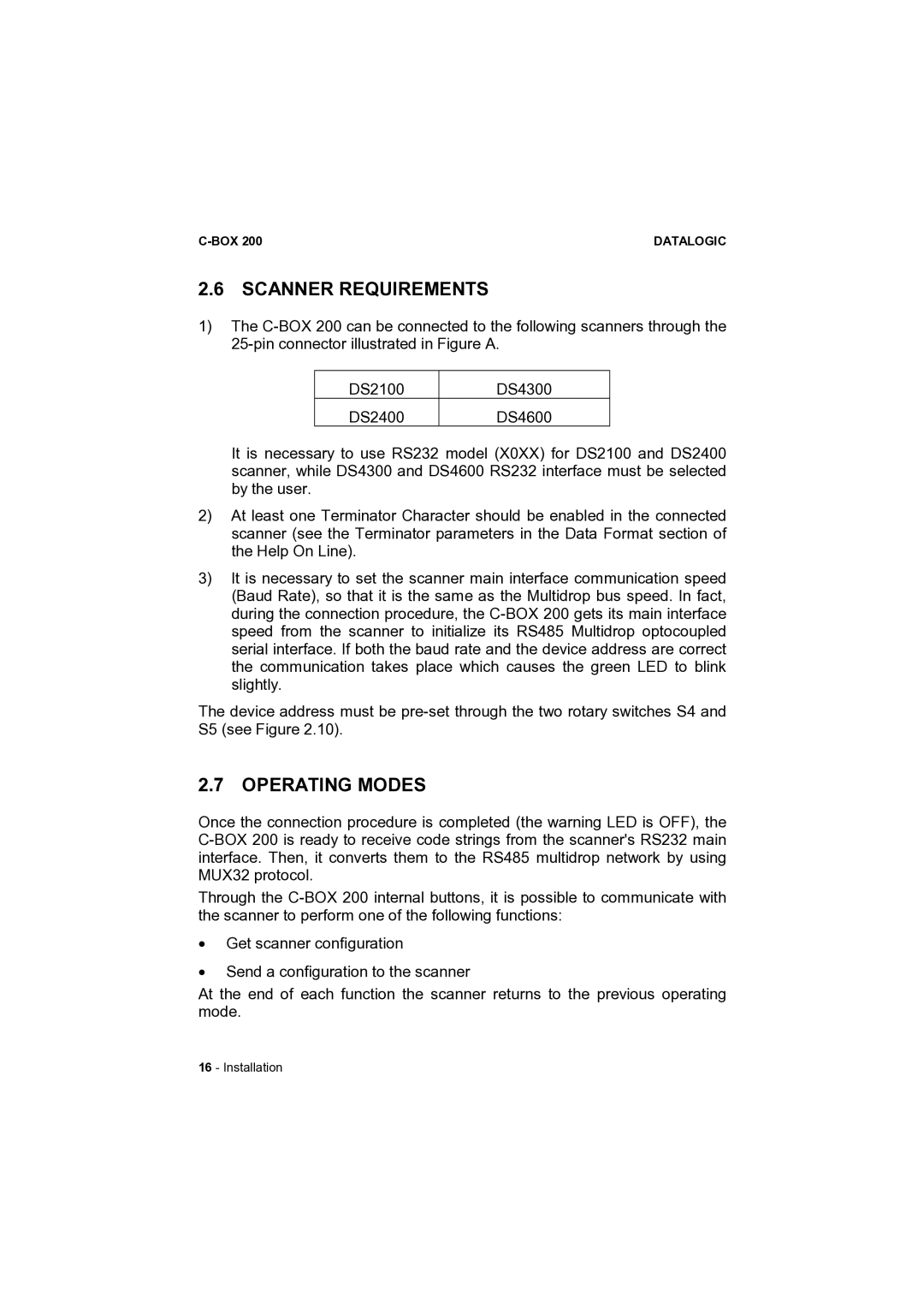 Datalogic Scanning C-BOX 200 installation manual Scanner Requirements, Operating Modes 