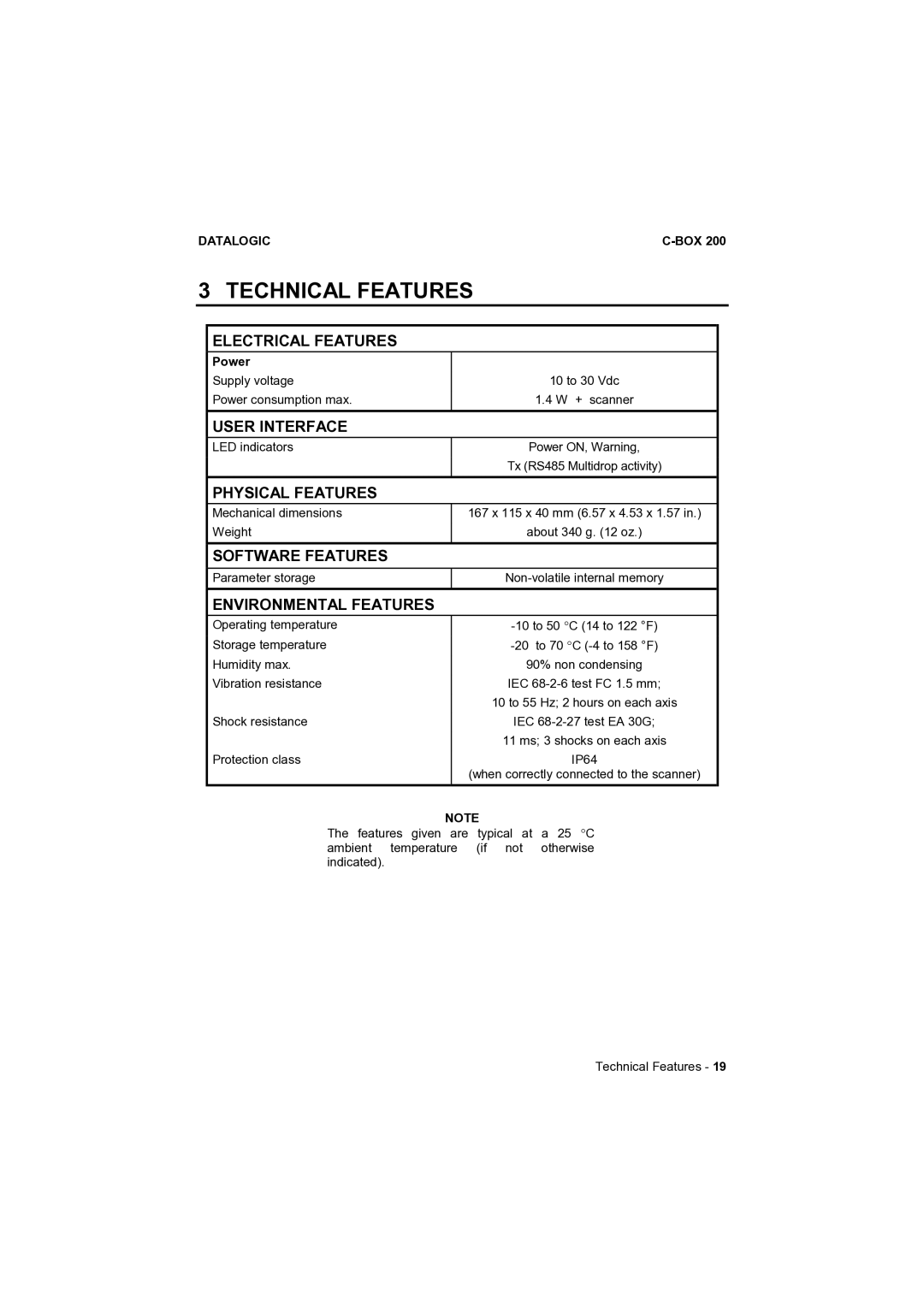 Datalogic Scanning C-BOX 200 installation manual Technical Features, Environmental Features 