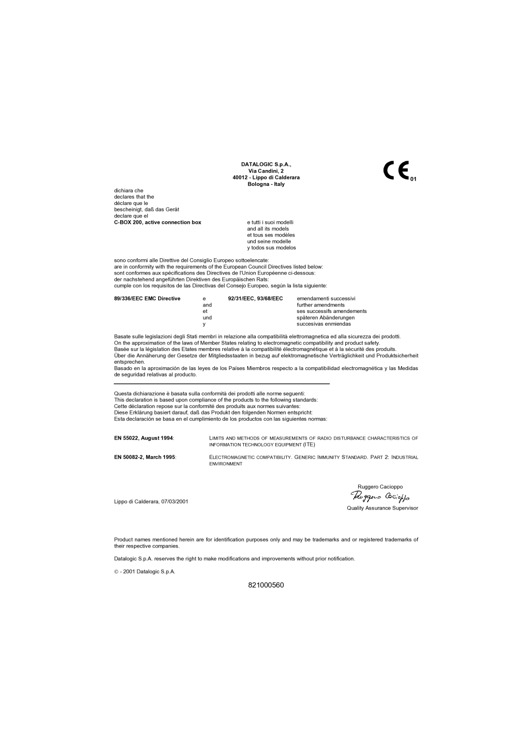 Datalogic Scanning C-BOX 200 installation manual 821000560 