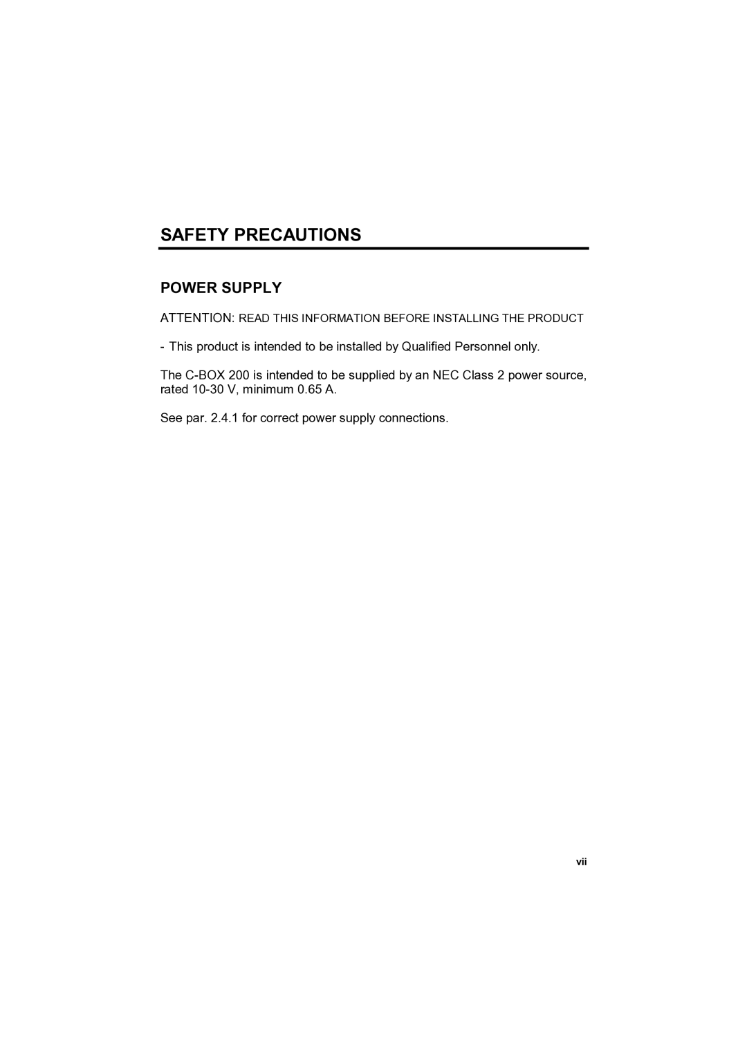 Datalogic Scanning C-BOX 200 installation manual Safety Precautions, Power Supply 