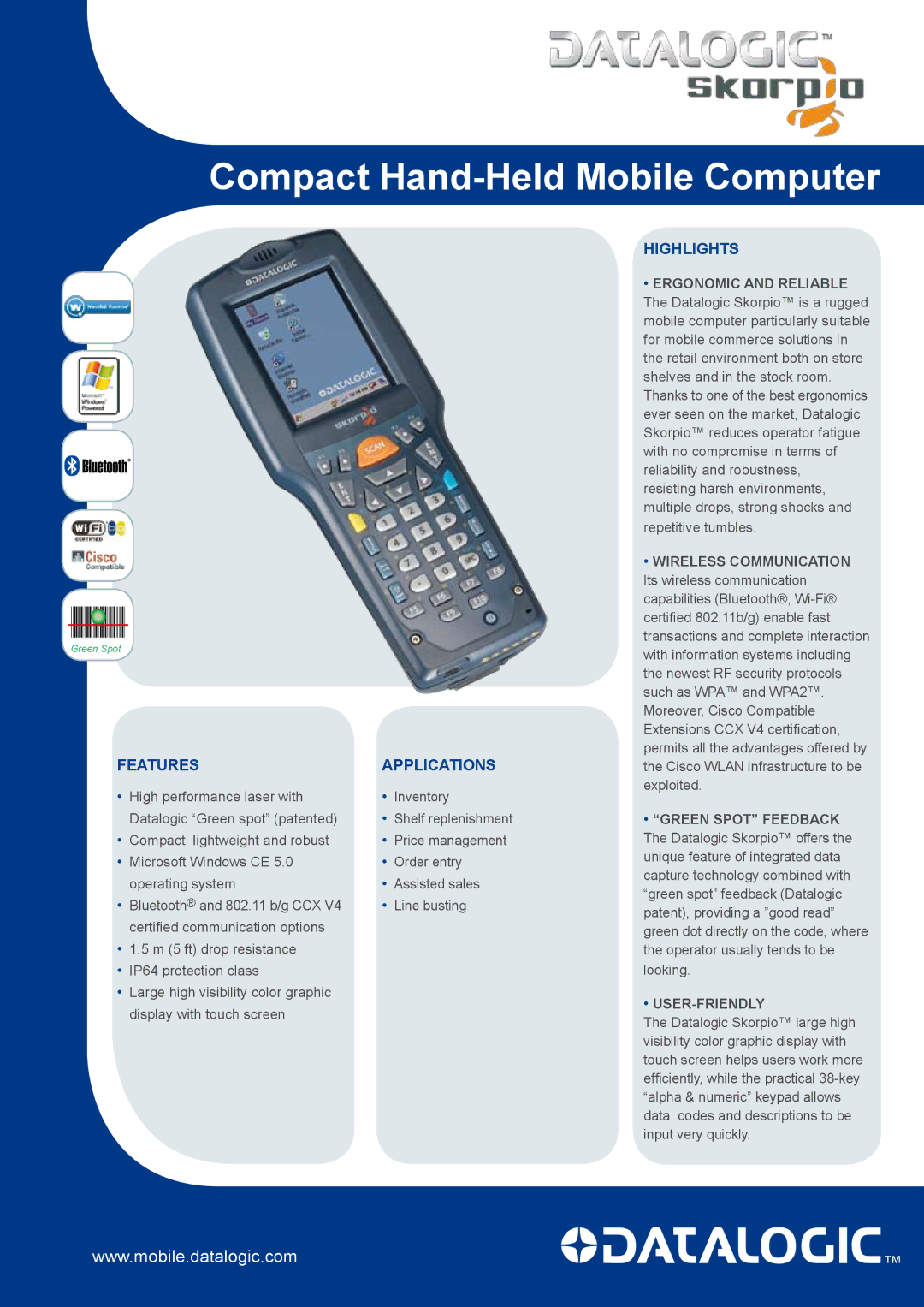 Datalogic Scanning Compact Hand-Held Mobile Computer manual Featuresapplications, Highlights, Wireless Communication 