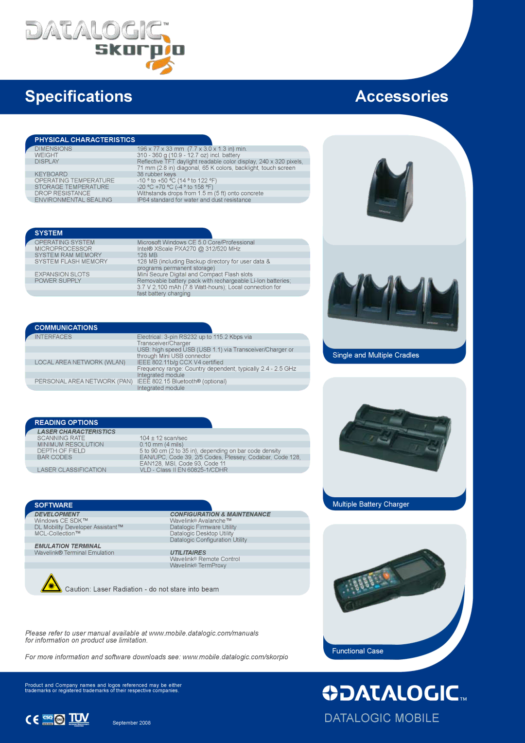 Datalogic Scanning Compact Hand-Held Mobile Computer Physical Characteristics, System, Communications, Reading Options 