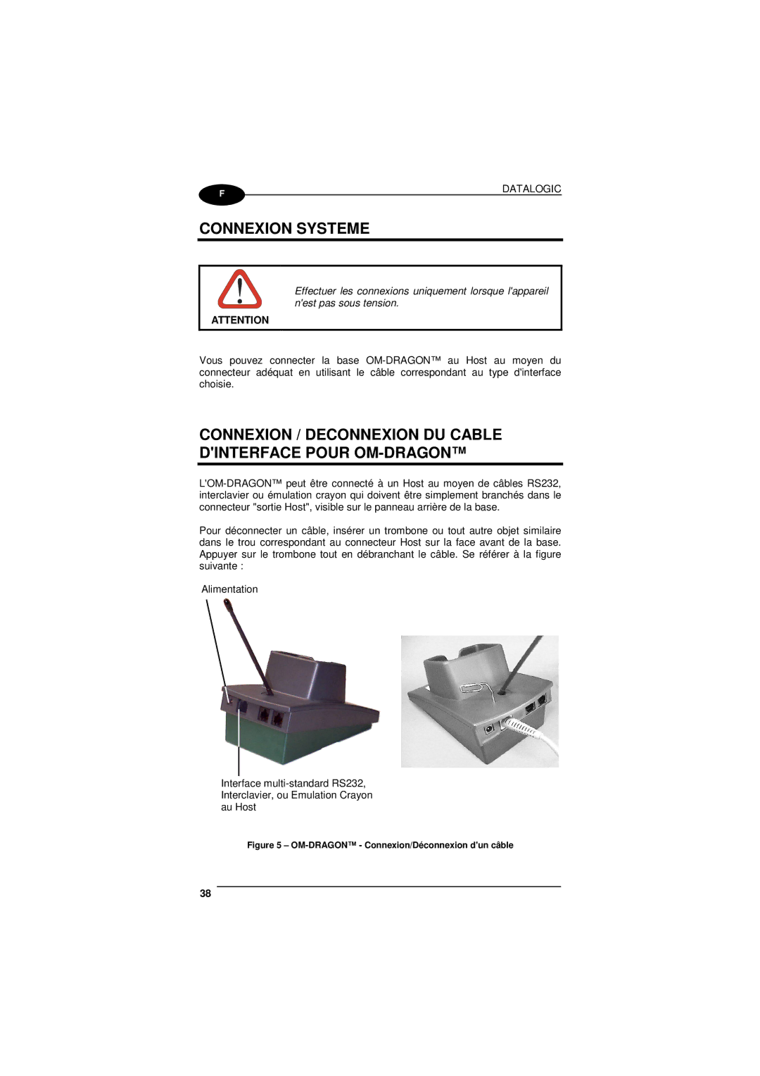 Datalogic Scanning D101 LR manual Connexion Systeme, Connexion / Deconnexion DU Cable Dinterface Pour OM-DRAGON 