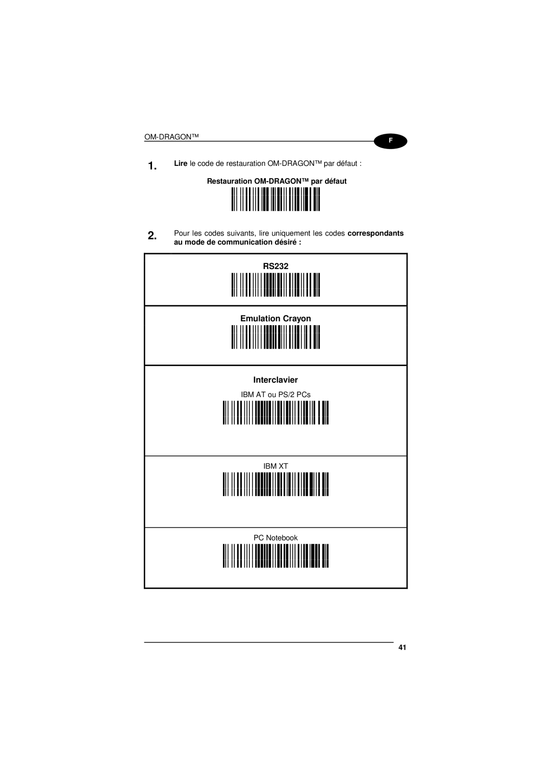 Datalogic Scanning D101 Lire le code de restauration OM-DRAGON par défaut, 39Rk, Au mode de communication désiré 