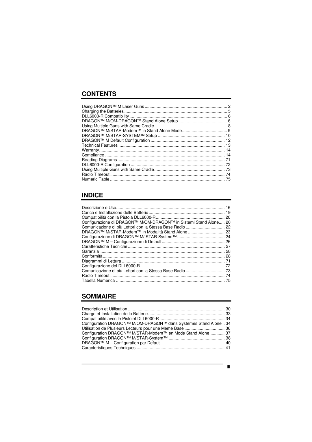 Datalogic Scanning D101 LR manual Contents, Indice, Sommaire 