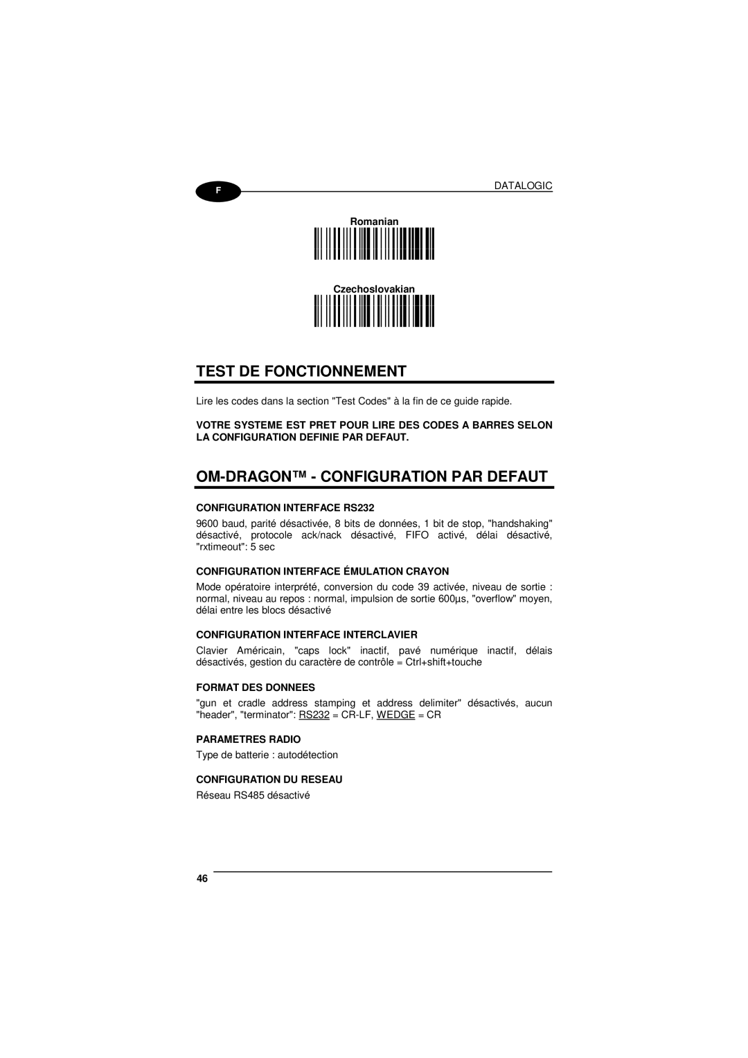 Datalogic Scanning D101 LR manual Test DE Fonctionnement, OM-DRAGON Configuration PAR Defaut 