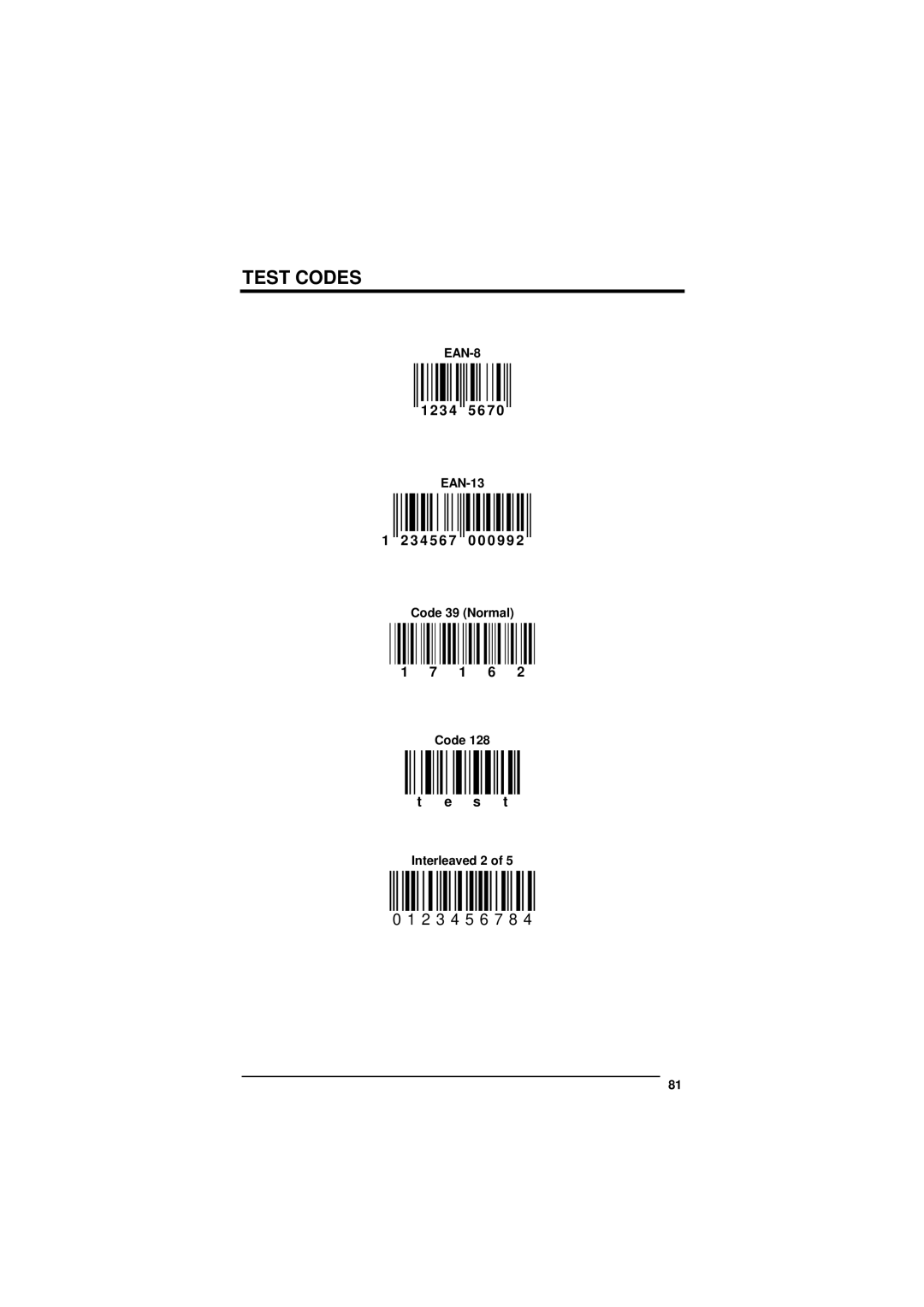 Datalogic Scanning D101 LR manual Test Codes, EAN-13, Code 39 Normal Interleaved 2 