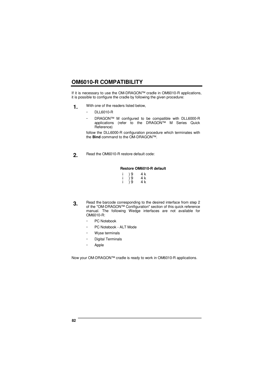 Datalogic Scanning D101 LR manual OM6010-R Compatibility, Restore OM6010-R default, 94k 