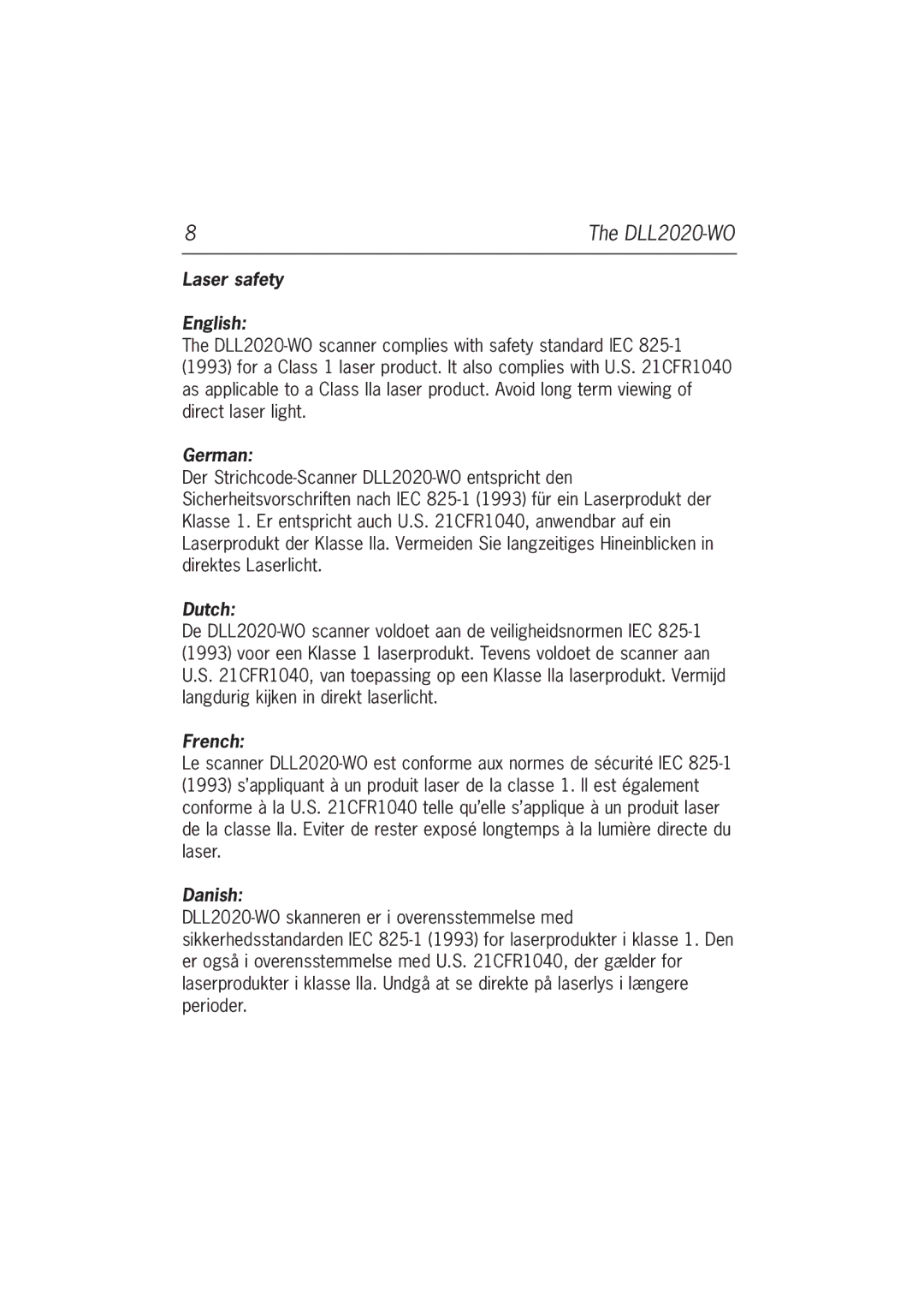 Datalogic Scanning DLL2020-WO user manual Laser safety English 