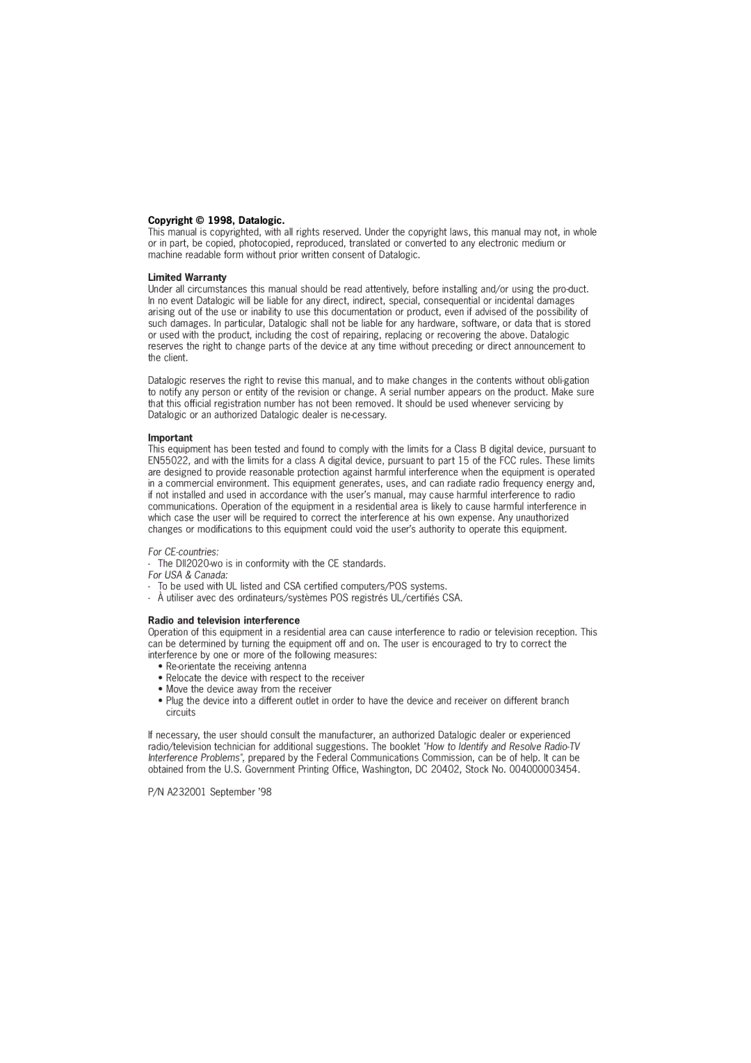 Datalogic Scanning DLL2020-WO user manual Copyright 1998, Datalogic 